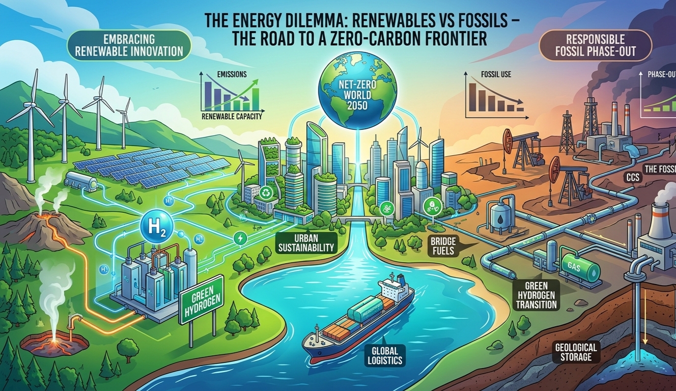 The Energy Dilemma — an illustrated panorama of renewable innovation on the left, urban sustainability in the centre, and a responsible fossil phase-out on the right, with a Net-Zero 2050 globe presiding.