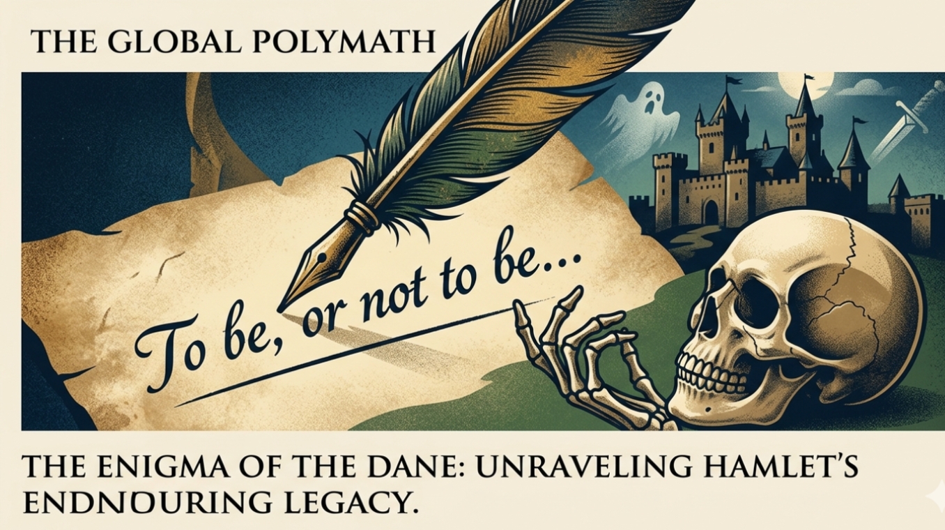 Illustrated cover for The Enigma of the Dane — a quill writes 'To be, or not to be...' on parchment, with a skull and a moonlit Elsinore castle in the background.