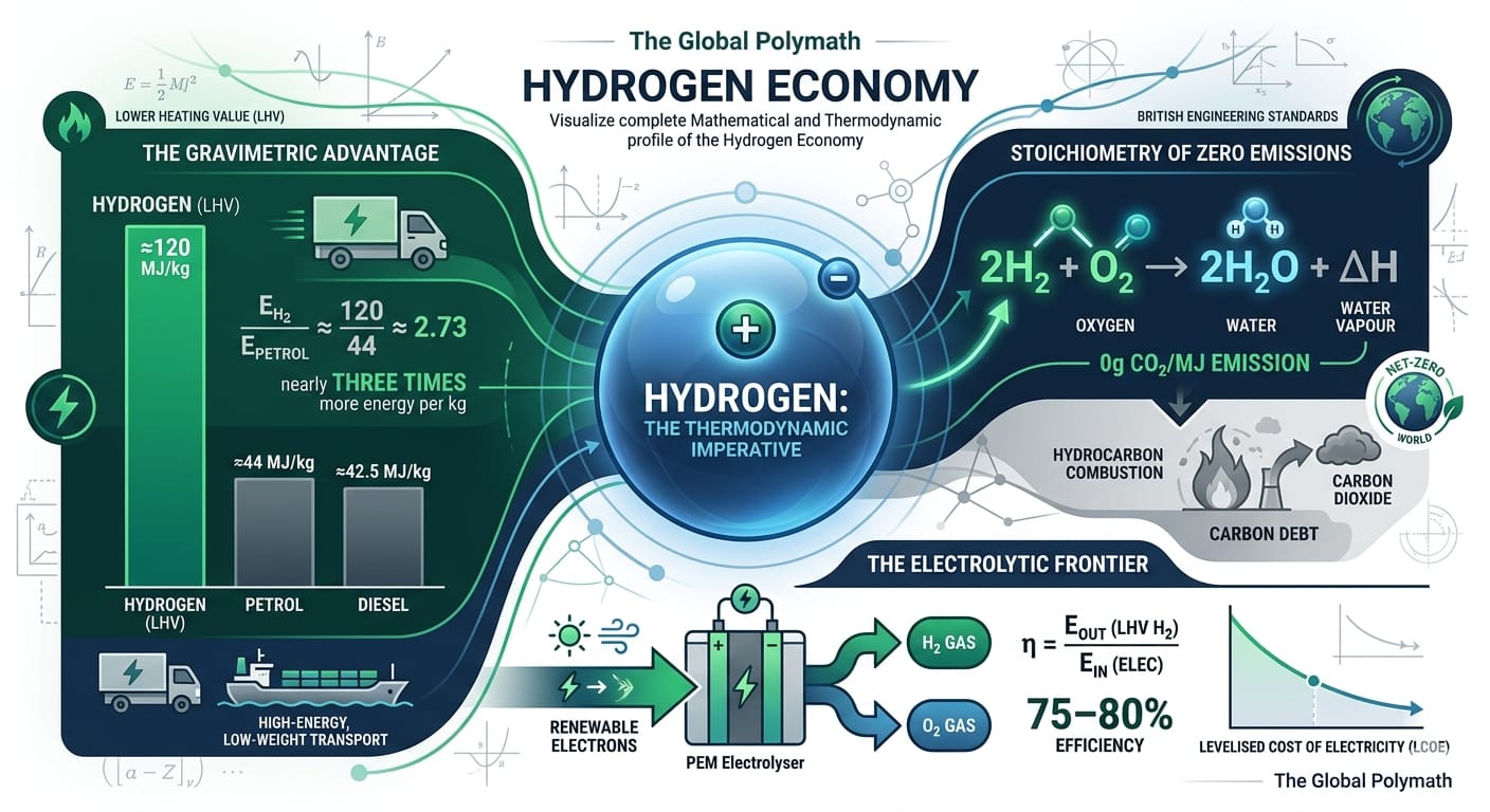 Infographic for The Hydrogen Economy: gravimetric advantage chart, stoichiometry of zero emissions diagram, and the electrolytic frontier with PEM electrolyser and 75–80% efficiency.